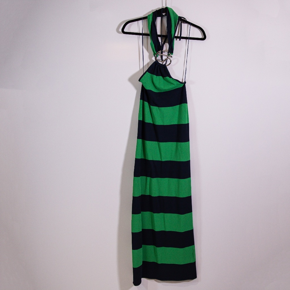NEW Coperni Green Navy Blue Striped Knitted Stretch Halter Maxi Dress Small